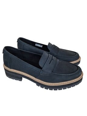 TOMS Cara Wide Fit Black Leather Penny Loafers Size 10